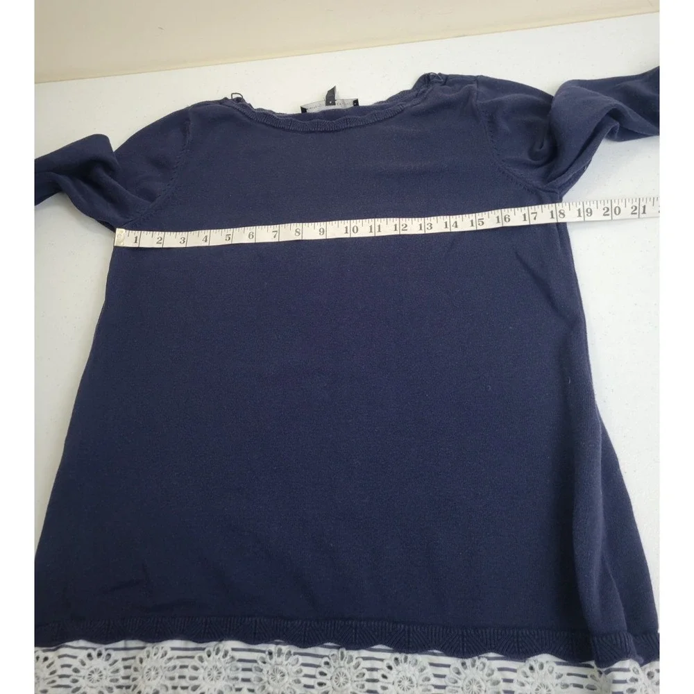 White House Black Market Sweater Lace Hem Striped Cuff Knit Pullover Navy Blue L